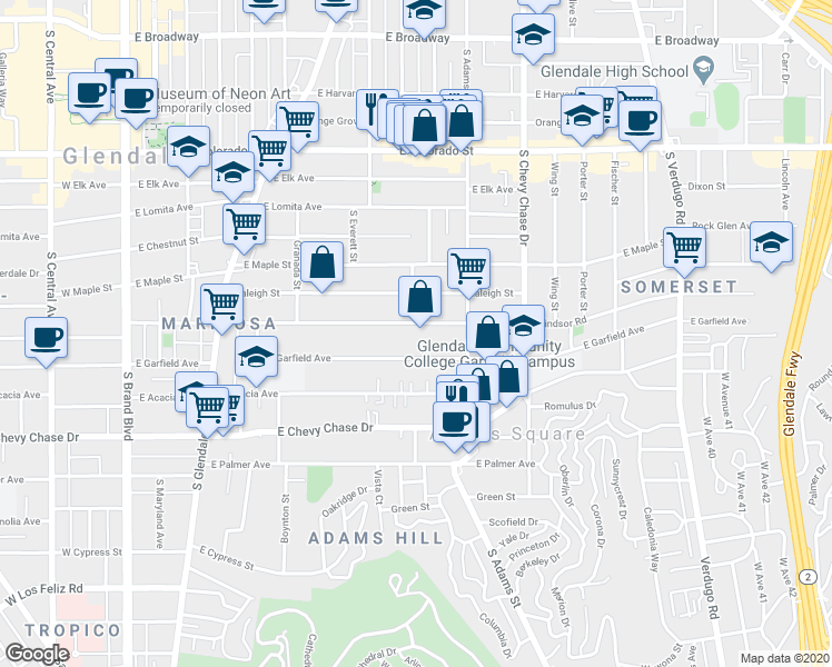 map of restaurants, bars, coffee shops, grocery stores, and more near 912 East Windsor Road in Glendale