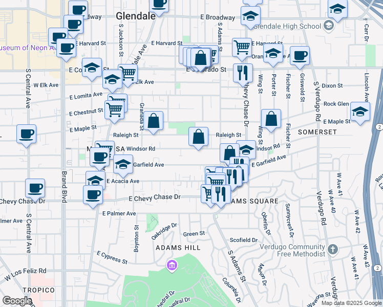 map of restaurants, bars, coffee shops, grocery stores, and more near 912 East Windsor Road in Glendale