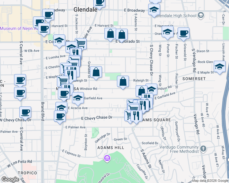 map of restaurants, bars, coffee shops, grocery stores, and more near 808 East Windsor Road in Glendale