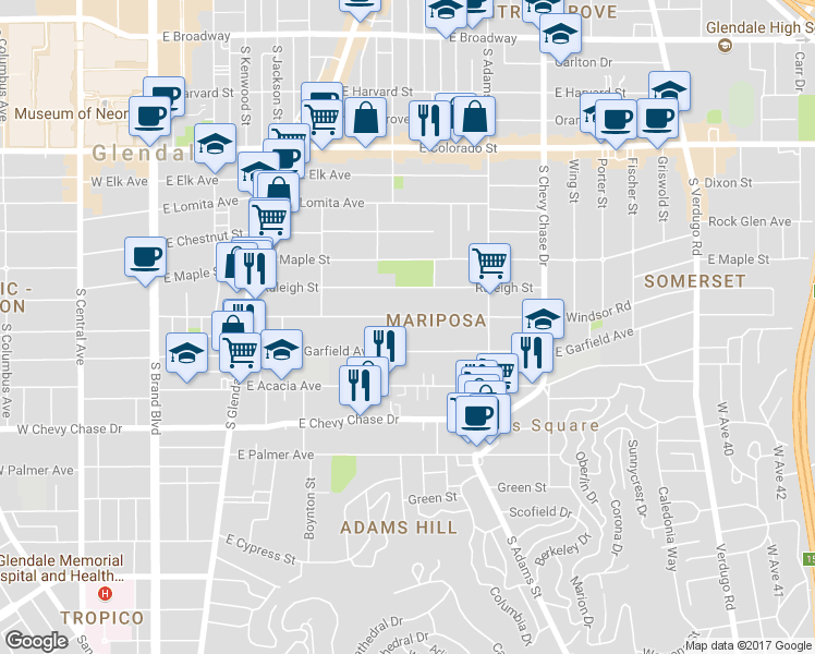 map of restaurants, bars, coffee shops, grocery stores, and more near 808 East Windsor Road in Glendale