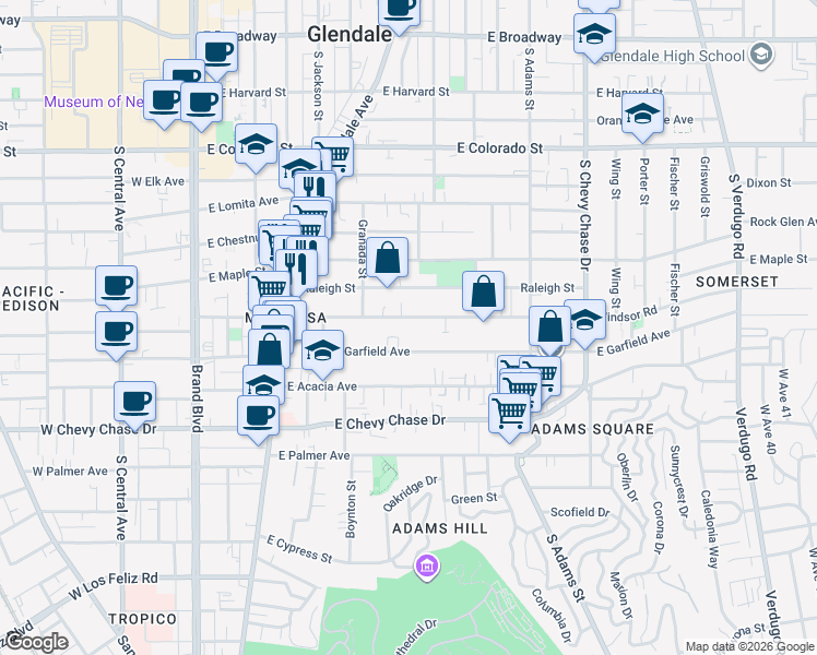 map of restaurants, bars, coffee shops, grocery stores, and more near 704 East Windsor Road in Glendale