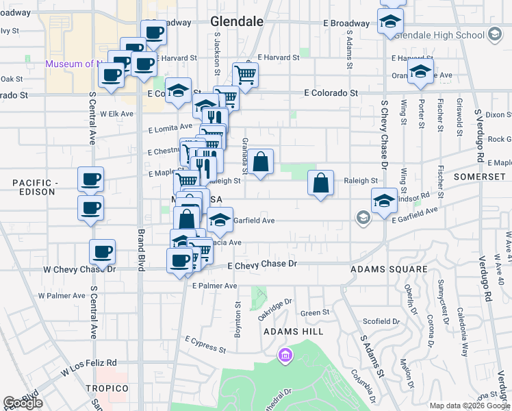 map of restaurants, bars, coffee shops, grocery stores, and more near 600 East Windsor Road in Glendale