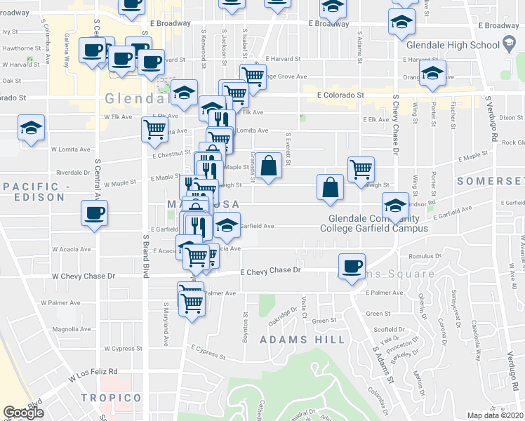 map of restaurants, bars, coffee shops, grocery stores, and more near 600 East Windsor Road in Glendale