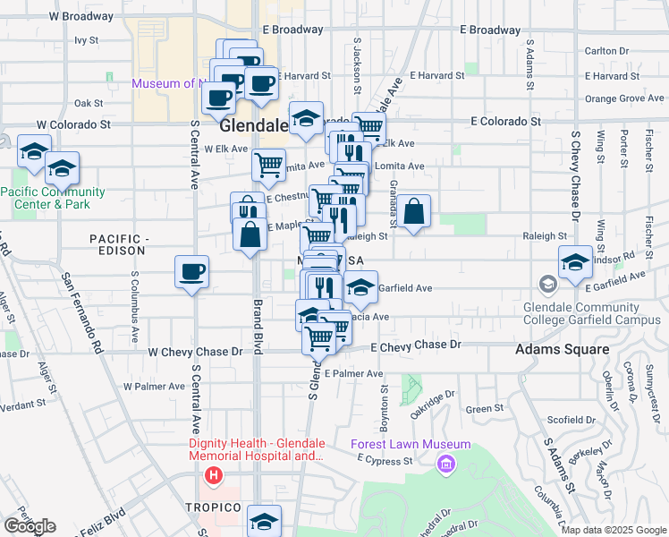 map of restaurants, bars, coffee shops, grocery stores, and more near 803 South Glendale Avenue in Glendale