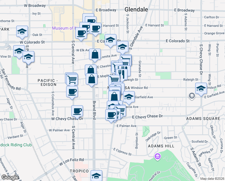 map of restaurants, bars, coffee shops, grocery stores, and more near 300 East Windsor Road in Glendale