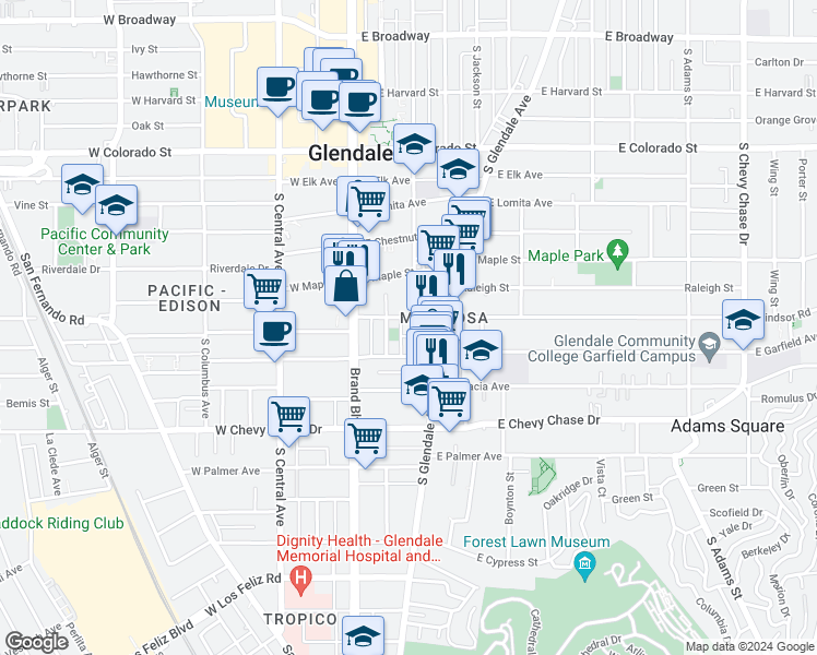 map of restaurants, bars, coffee shops, grocery stores, and more near 300 East Windsor Road in Glendale