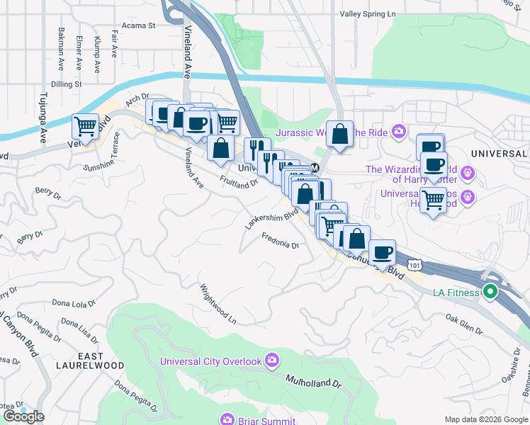map of restaurants, bars, coffee shops, grocery stores, and more near 3762 Willowcrest Avenue in Los Angeles