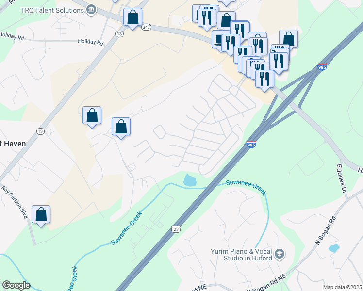 map of restaurants, bars, coffee shops, grocery stores, and more near 5526 Magnolia Way in Buford