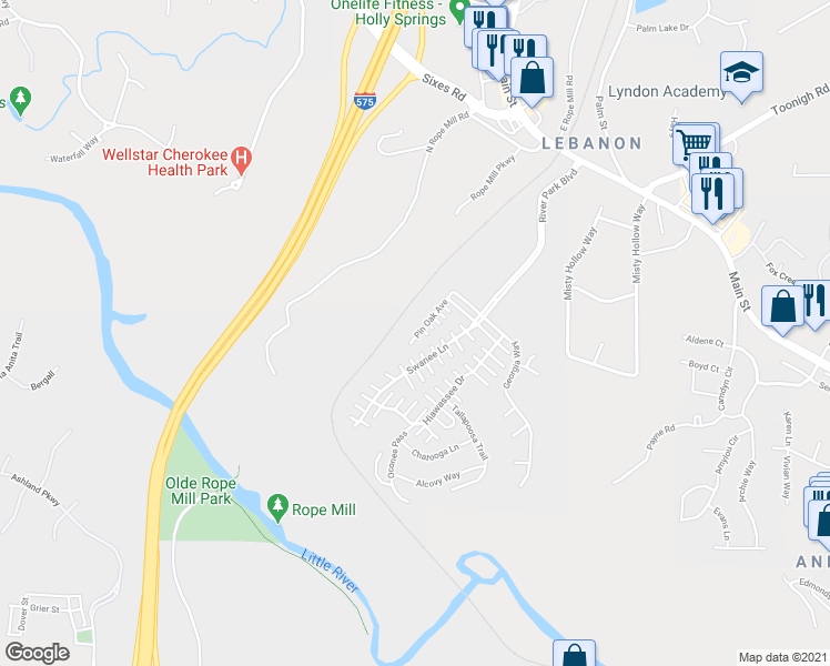 map of restaurants, bars, coffee shops, grocery stores, and more near 334 Pin Oak Avenue in Woodstock