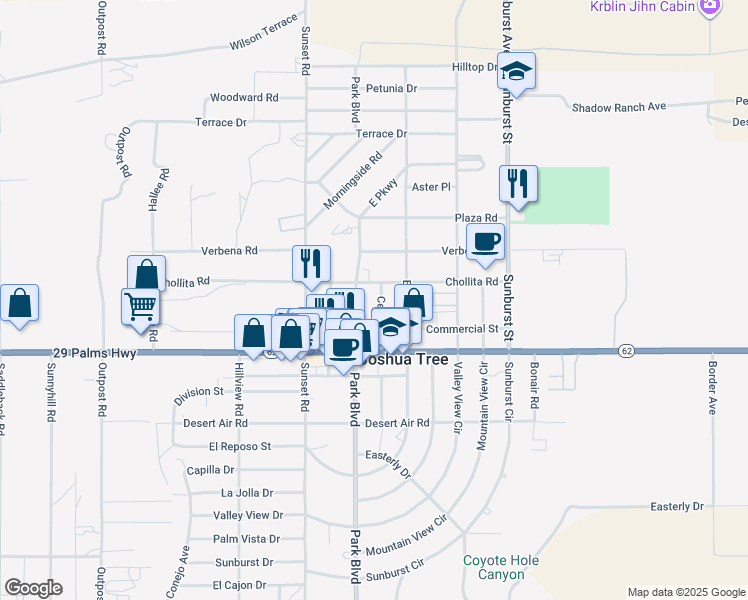 map of restaurants, bars, coffee shops, grocery stores, and more near 6418 Center Street in Joshua Tree