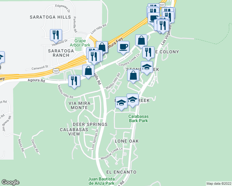 map of restaurants, bars, coffee shops, grocery stores, and more near 26822 Malibu Hills Road in Calabasas