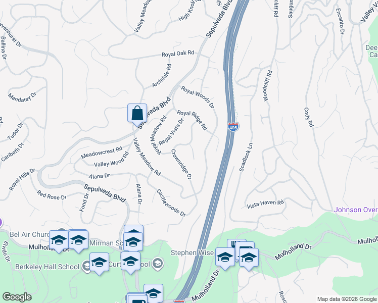 map of restaurants, bars, coffee shops, grocery stores, and more near 15656 Crownridge Place in Los Angeles