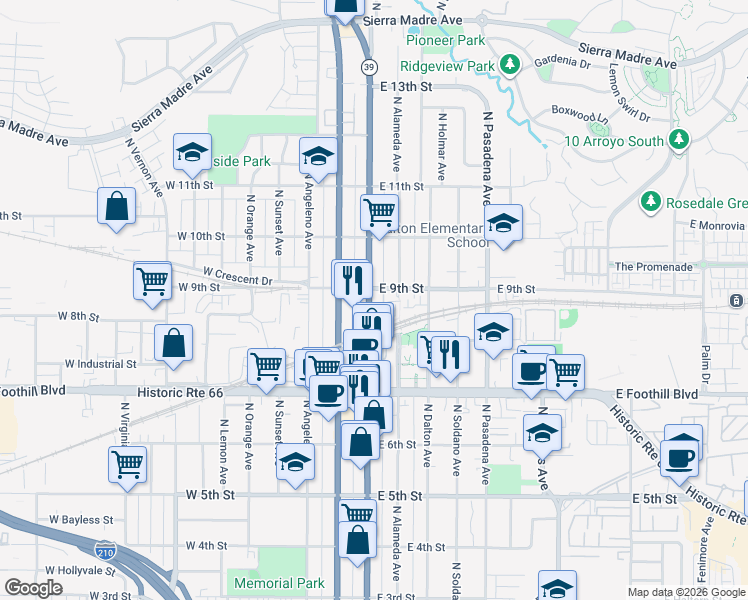 map of restaurants, bars, coffee shops, grocery stores, and more near 850 North Azusa Avenue in Azusa