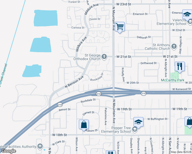 map of restaurants, bars, coffee shops, grocery stores, and more near 1370 Creekwood Lane in Upland