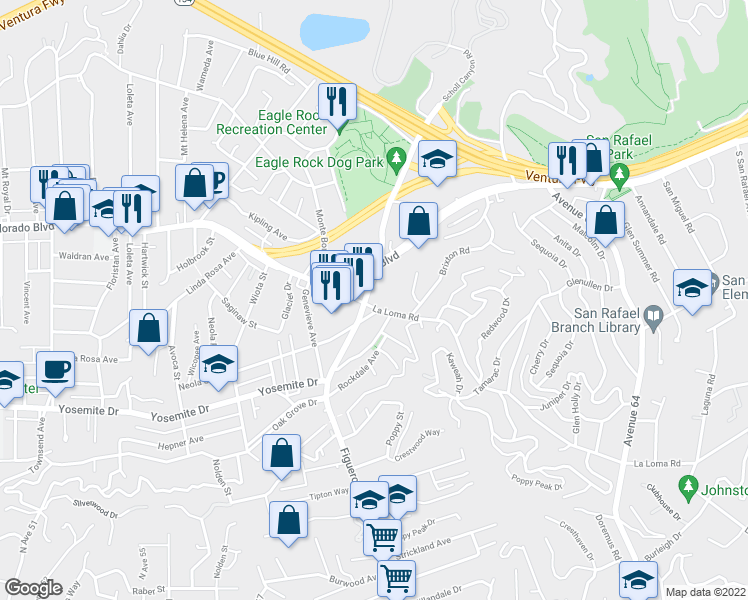 map of restaurants, bars, coffee shops, grocery stores, and more near 7330 North Figueroa Street in Los Angeles