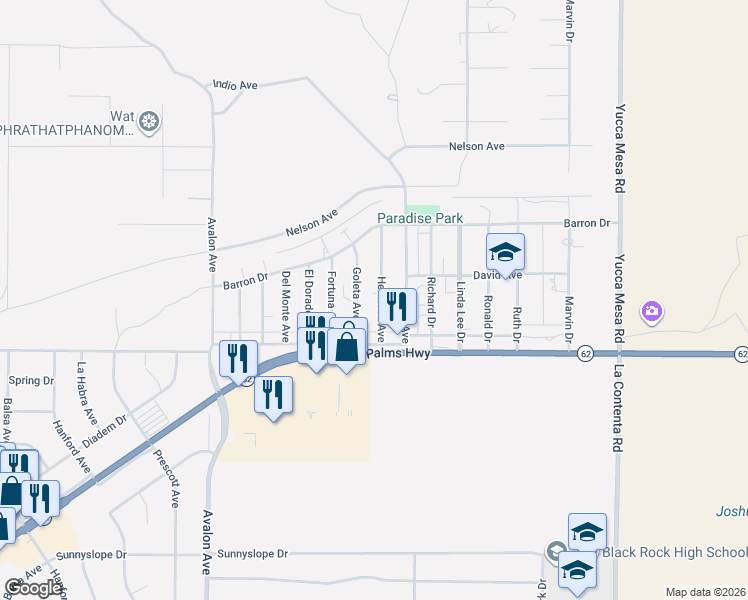 map of restaurants, bars, coffee shops, grocery stores, and more near 6404 Hermosa Avenue in Yucca Valley
