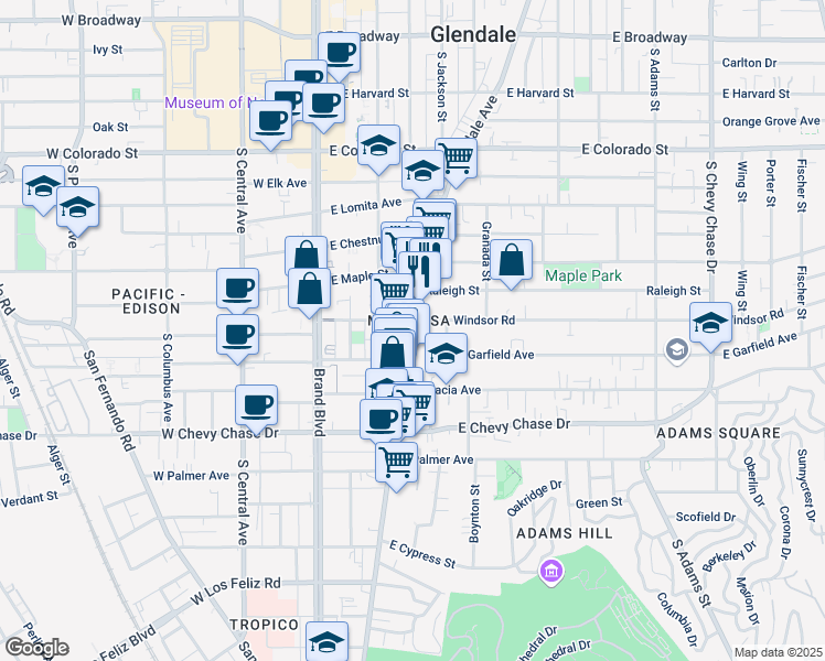 map of restaurants, bars, coffee shops, grocery stores, and more near 803 South Glendale Avenue in Glendale