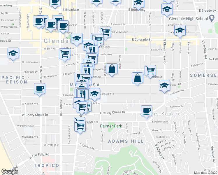 map of restaurants, bars, coffee shops, grocery stores, and more near 600 East Windsor Road in Glendale