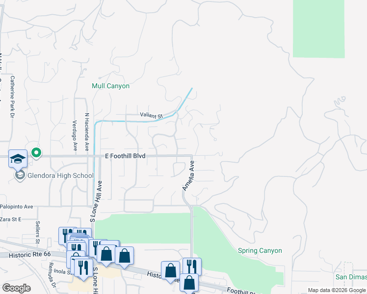 map of restaurants, bars, coffee shops, grocery stores, and more near 2211 Cumberland Road in Glendora