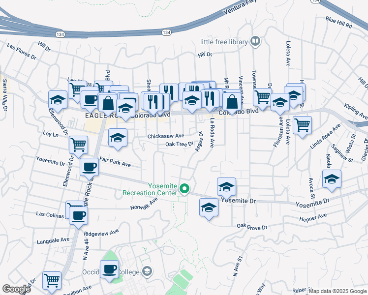 map of restaurants, bars, coffee shops, grocery stores, and more near 1832 Oak Tree Drive in Los Angeles