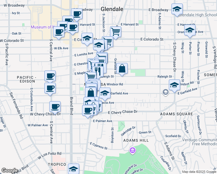 map of restaurants, bars, coffee shops, grocery stores, and more near 518 East Windsor Road in Glendale