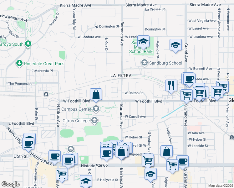 map of restaurants, bars, coffee shops, grocery stores, and more near 910 Brantfell Place in Glendora