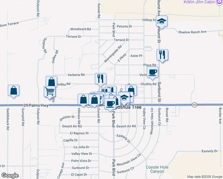 map of restaurants, bars, coffee shops, grocery stores, and more near 6426 Park Boulevard in Joshua Tree