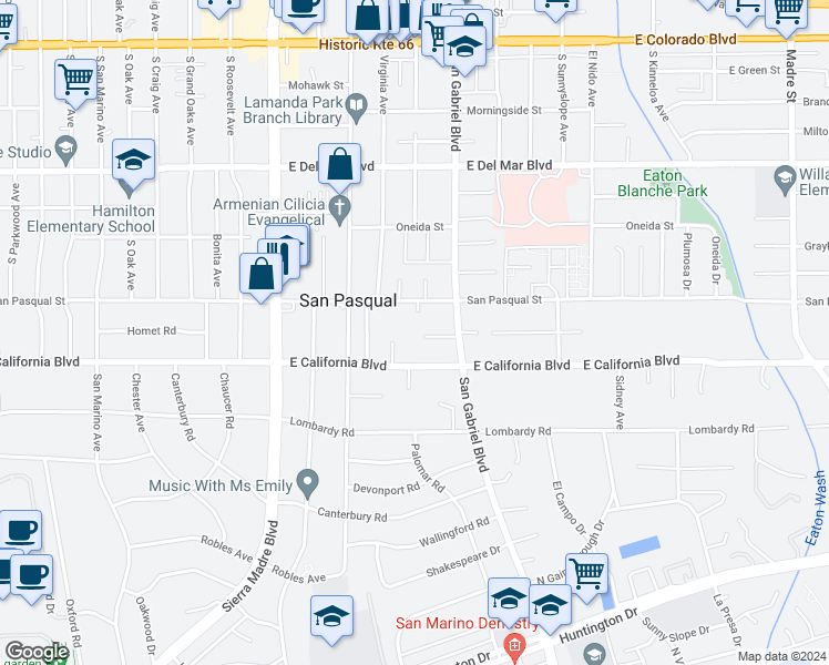 map of restaurants, bars, coffee shops, grocery stores, and more near 2675 Tura Lane in San Marino