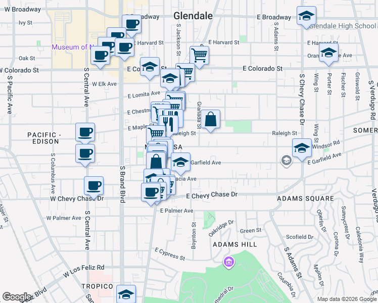 map of restaurants, bars, coffee shops, grocery stores, and more near 504 East Windsor Road in Glendale
