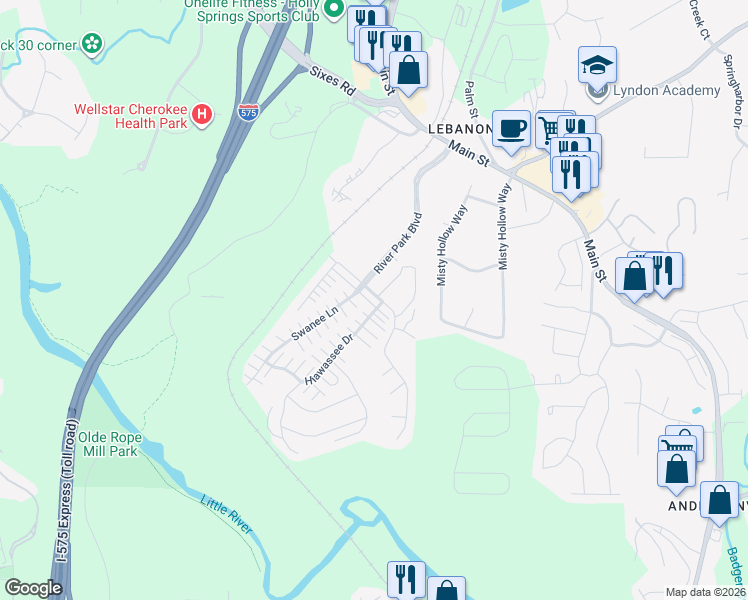 map of restaurants, bars, coffee shops, grocery stores, and more near 530 Georgia Way in Woodstock