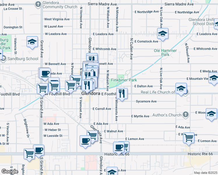 map of restaurants, bars, coffee shops, grocery stores, and more near 333 North Minnesota Avenue in Glendora