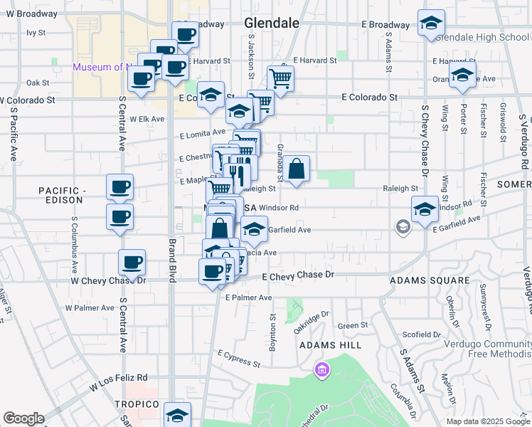 map of restaurants, bars, coffee shops, grocery stores, and more near 518 East Windsor Road in Glendale