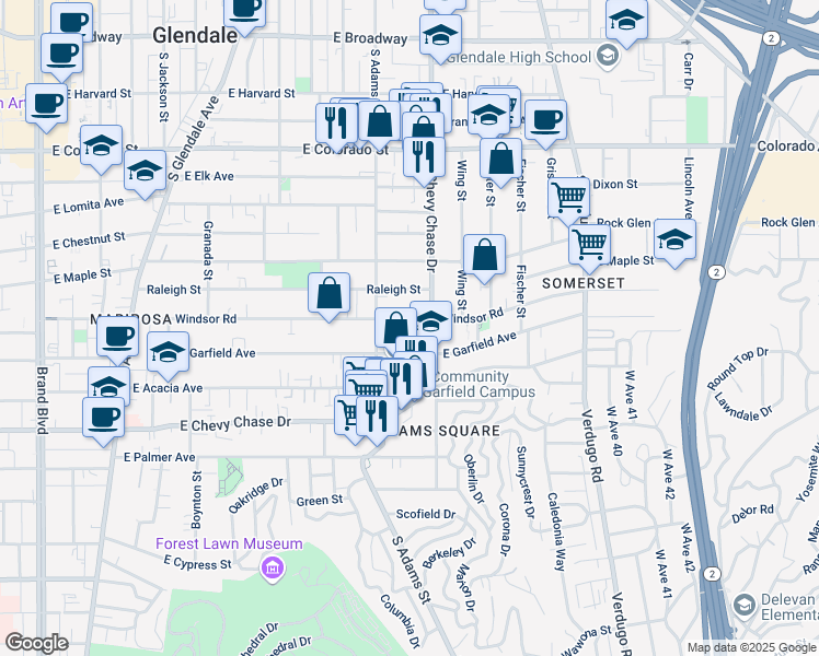 map of restaurants, bars, coffee shops, grocery stores, and more near 801 South Chevy Chase Drive in Glendale