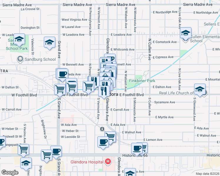 map of restaurants, bars, coffee shops, grocery stores, and more near 126 North Glendora Avenue in Glendora