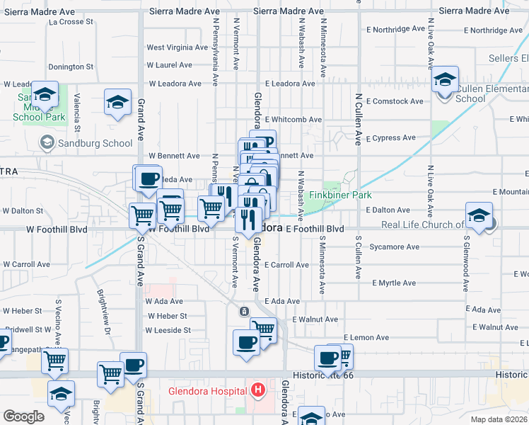 map of restaurants, bars, coffee shops, grocery stores, and more near 126 North Glendora Avenue in Glendora