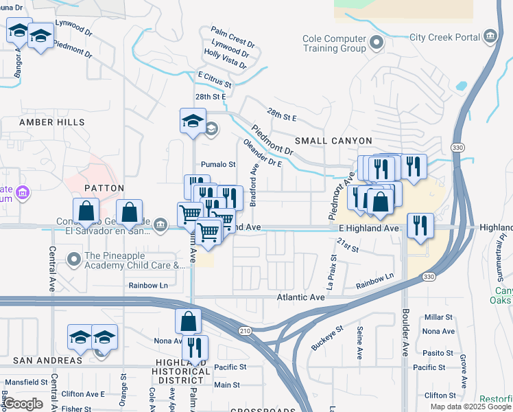 map of restaurants, bars, coffee shops, grocery stores, and more near 2264 Bradford Avenue in Highland