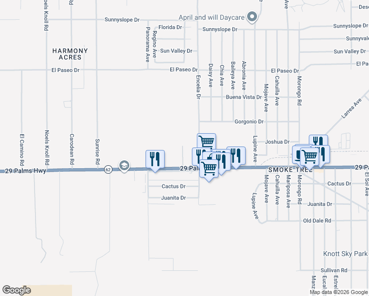 map of restaurants, bars, coffee shops, grocery stores, and more near 71630 29 Palms Highway in Twentynine Palms