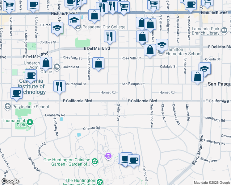 map of restaurants, bars, coffee shops, grocery stores, and more near 1720 Homet Road in Pasadena