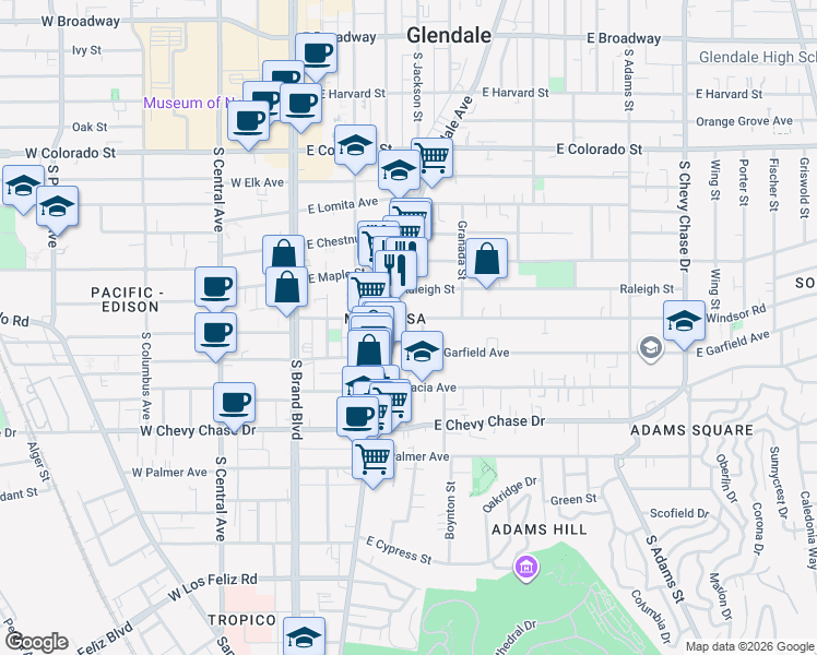 map of restaurants, bars, coffee shops, grocery stores, and more near in Glendale