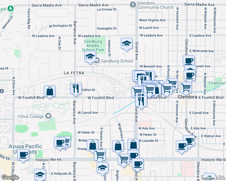 map of restaurants, bars, coffee shops, grocery stores, and more near 627 West Foothill Boulevard in Glendora