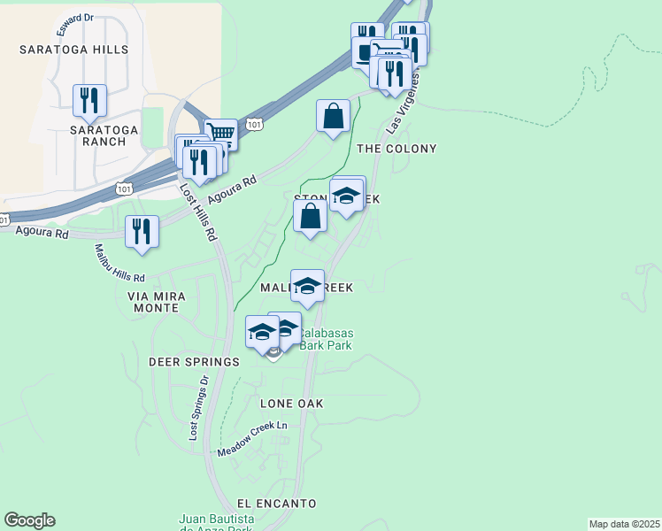 map of restaurants, bars, coffee shops, grocery stores, and more near 4373 Paxton Place in Calabasas