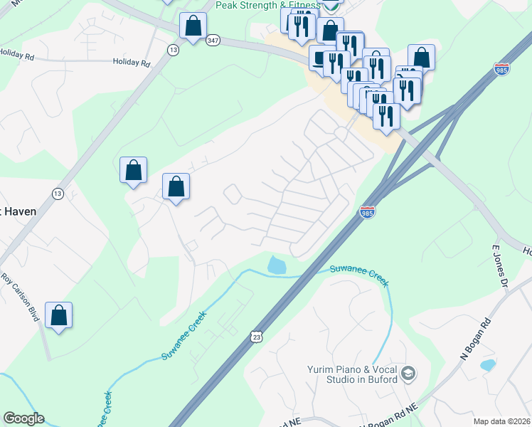 map of restaurants, bars, coffee shops, grocery stores, and more near 5605 Sweetwater Trail in Buford