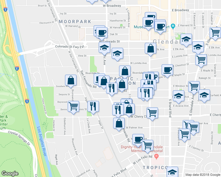 map of restaurants, bars, coffee shops, grocery stores, and more near 465 West Windsor Road in Glendale