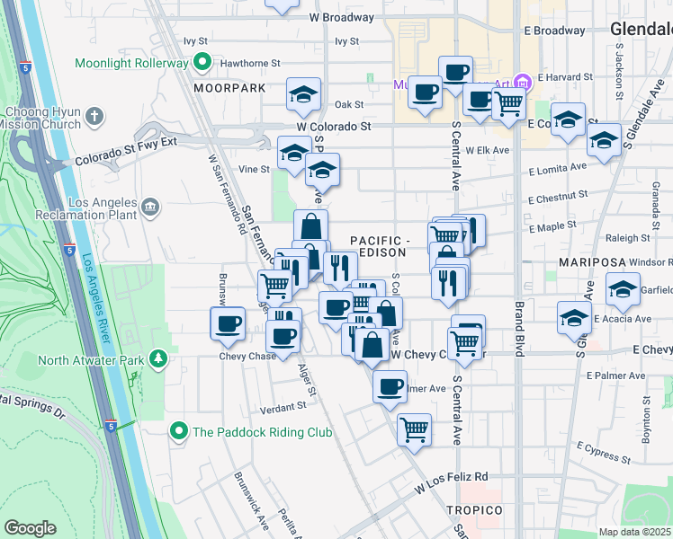 map of restaurants, bars, coffee shops, grocery stores, and more near 453 West Windsor Road in Glendale