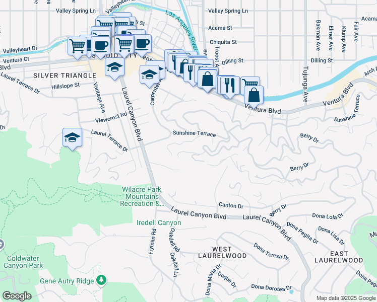 map of restaurants, bars, coffee shops, grocery stores, and more near 11765 Laurelcrest Drive in Los Angeles