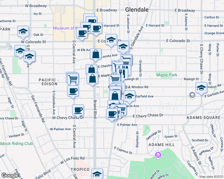 map of restaurants, bars, coffee shops, grocery stores, and more near 300 East Windsor Road in Glendale