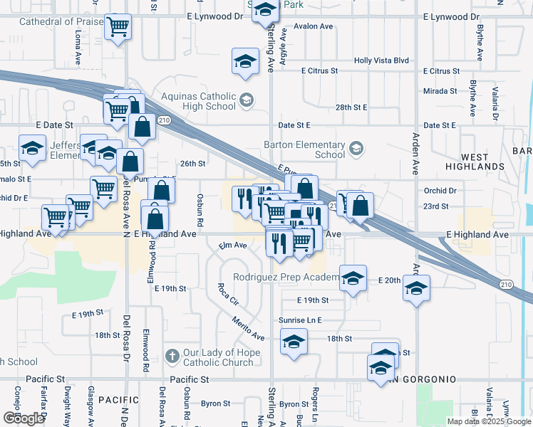 map of restaurants, bars, coffee shops, grocery stores, and more near 2372 Sterling Avenue in San Bernardino