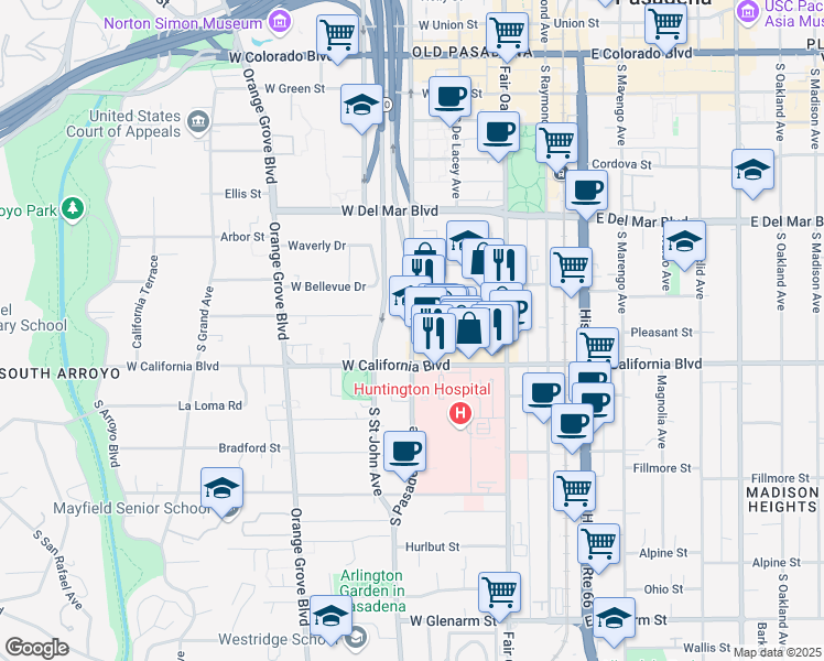 map of restaurants, bars, coffee shops, grocery stores, and more near Pasadena Avenue in Pasadena