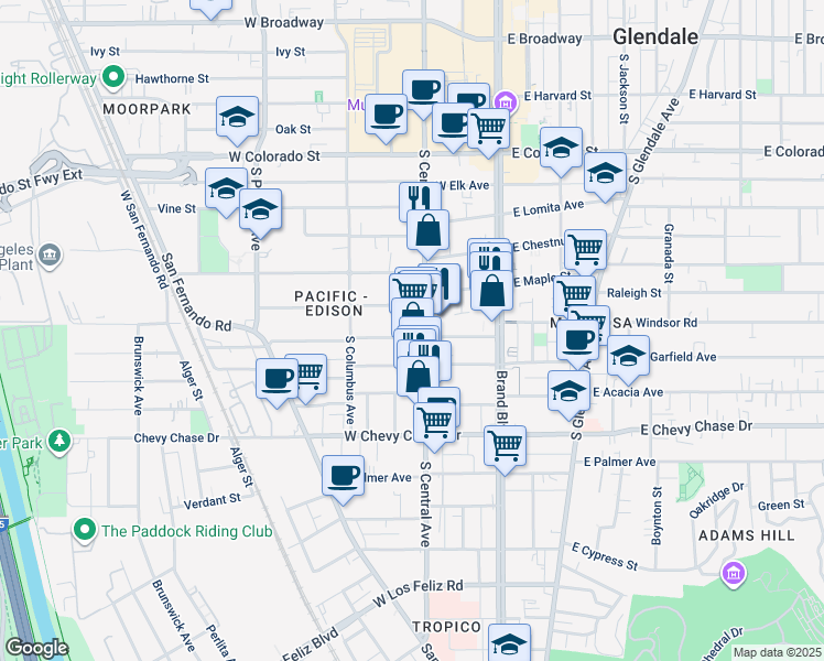 map of restaurants, bars, coffee shops, grocery stores, and more near 721 South Central Avenue in Glendale