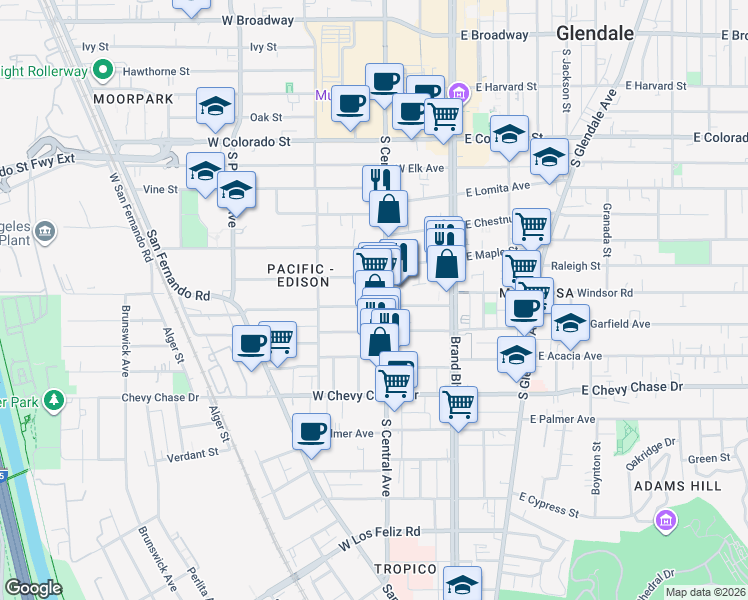 map of restaurants, bars, coffee shops, grocery stores, and more near 721 South Central Avenue in Glendale